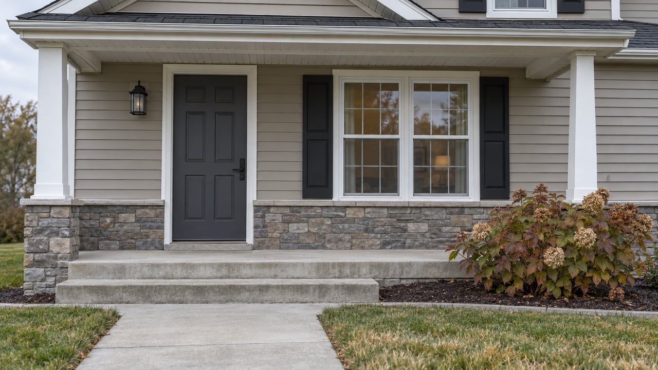 A taupe-sided home's covered entry with white posts, stone base, concrete steps and a russet oakleaf hydrangea.