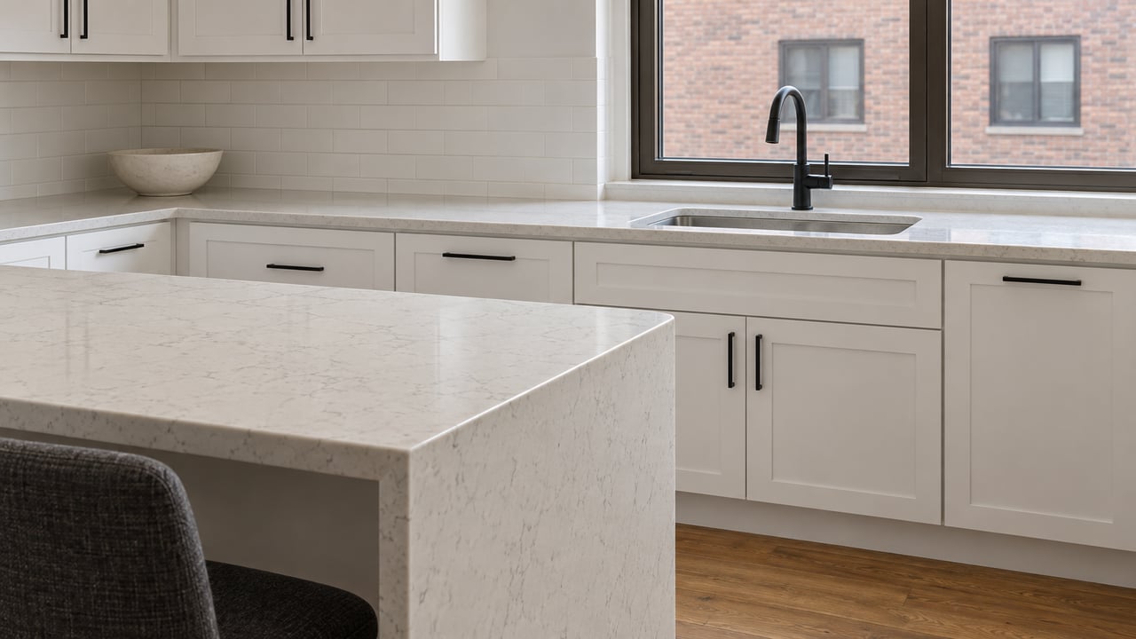 Close view of a condominium kitchen with white shaker cabinetry, a quartz peninsula, a black faucet and a bronze-framed window facing a nearby brick wall.