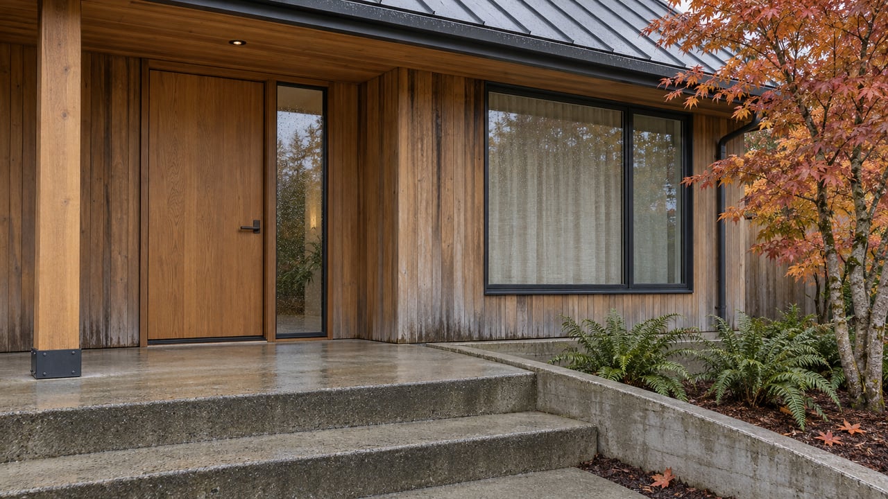 Rain-damp cedar home entry with a covered oak door, concrete steps, amber vine maple and sword ferns.