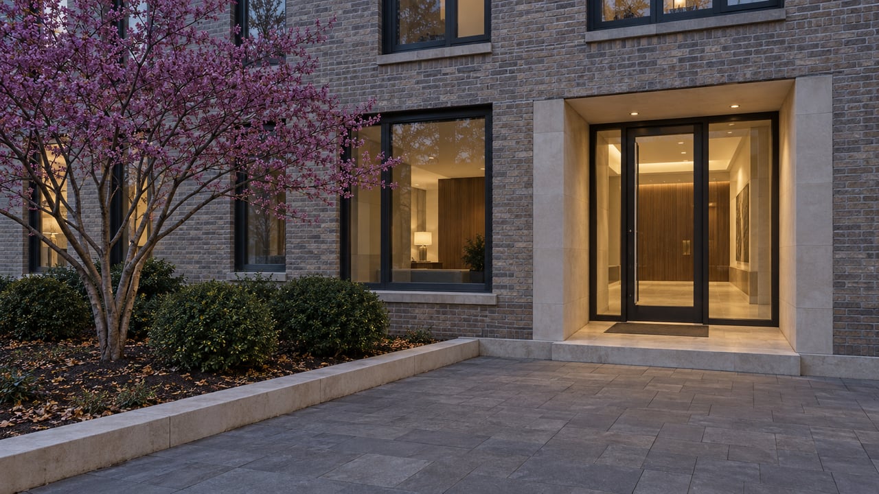 Brick apartment entrance with a recessed glass door, paved walkway, and small tree beside a lit lobby.