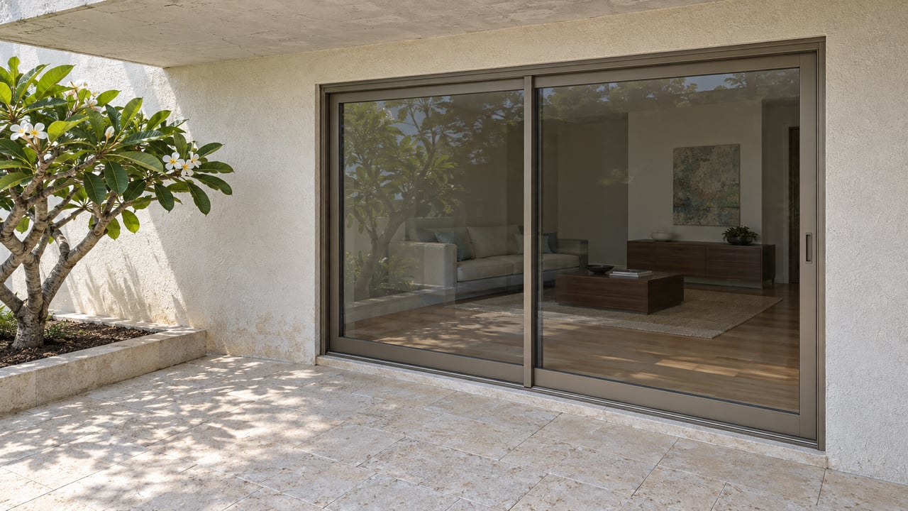 Renovated waterfront home with closed sliding glass doors, a low concrete overhang, and a pruned plumeria in a raised planter.