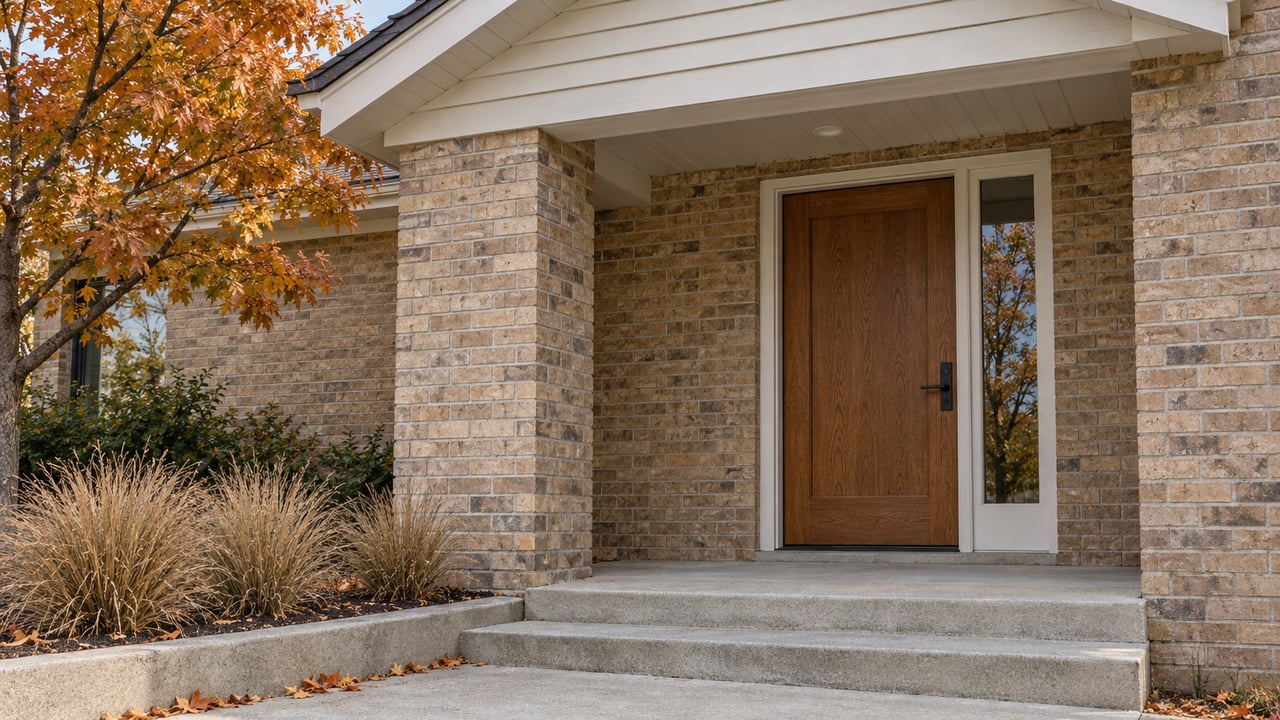 A recessed oak front door beneath a gabled porch, with buff brick, concrete steps and copper-colored maple leaves.