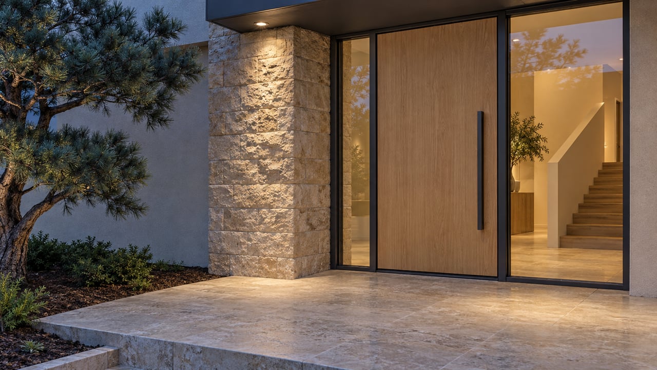 Warmly lit oak entry door and tall sidelight beneath a charcoal canopy, with buff limestone, a raised stone landing and a sculptural pine.