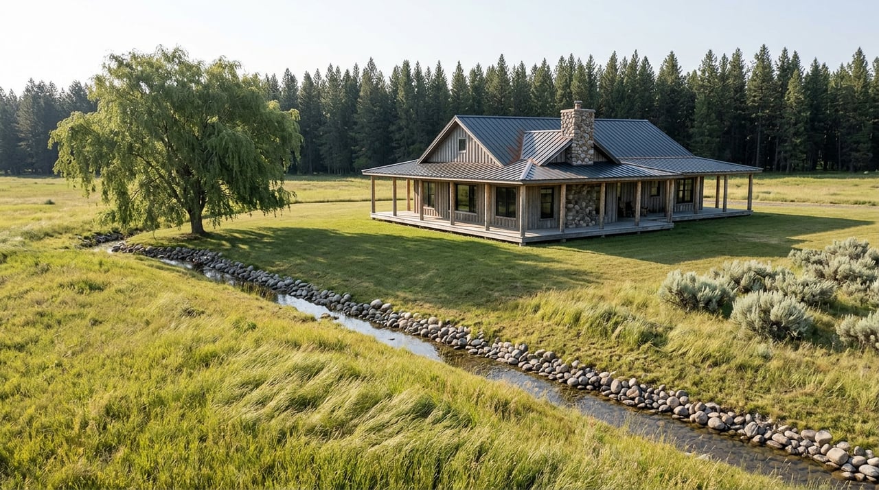 Silver-gray ranch home with a wraparound porch beyond a meadow and stone-lined ditch, framed by a cottonwood and conifer forest.