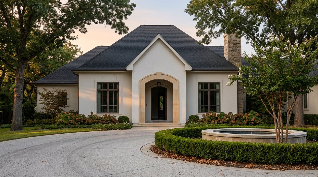 Stucco estate entry framed by mature trees, with a limestone arch, circular drive, and stone fountain.