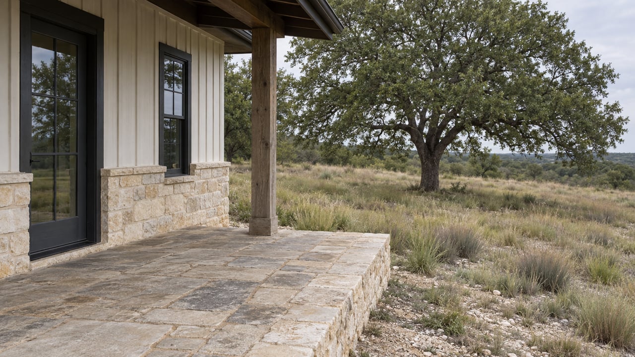Limestone porch beside a board-and-batten home, overlooking a gently descending field with a broad-canopied oak.