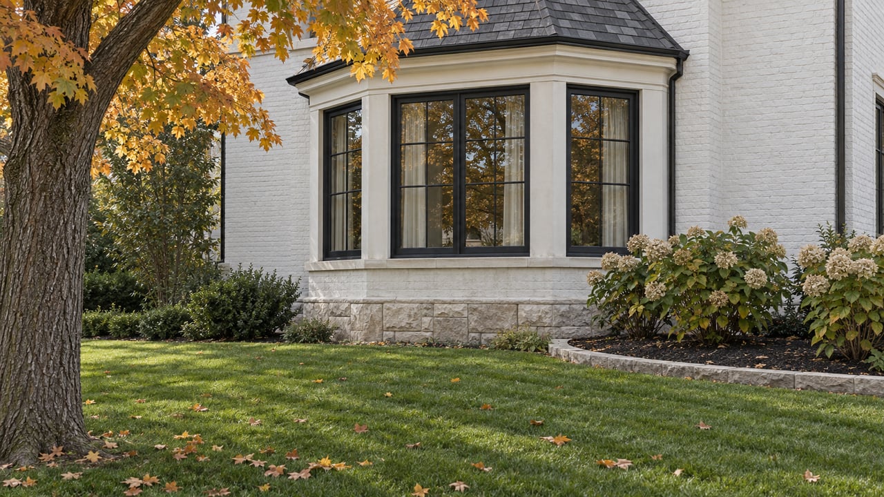 White-painted brick home with black-framed bay windows, limestone foundation and an autumn garden of sugar maple and panicle hydrangeas.