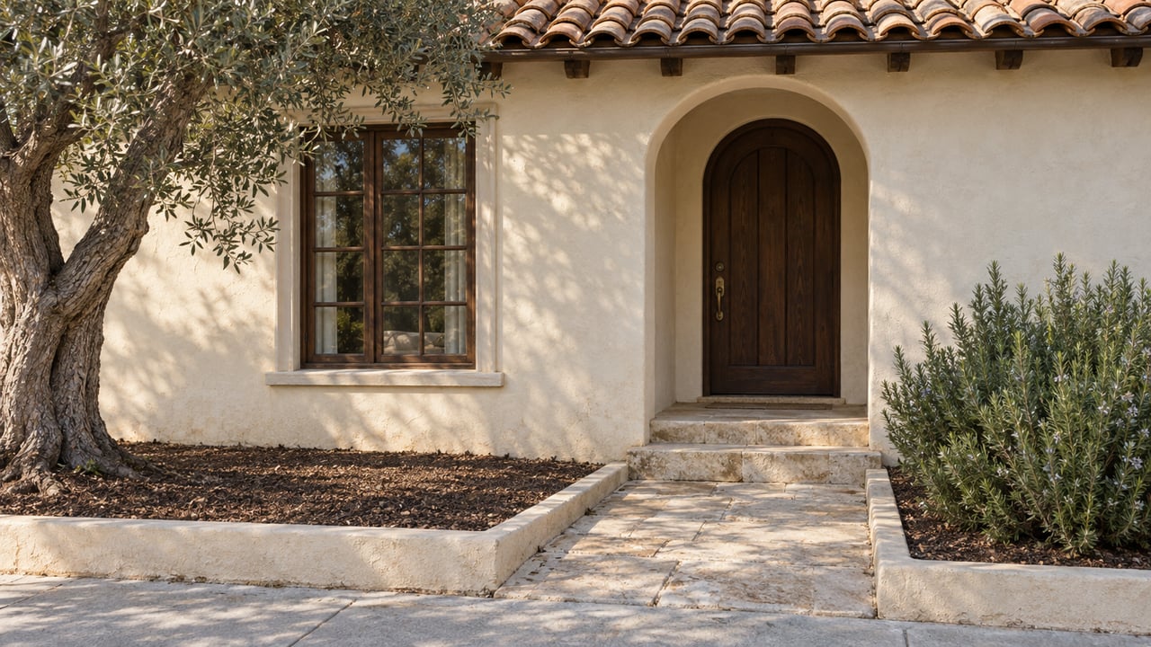 Ivory-stucco cottage with a clay-tile roof, arched timber doorway, divided-light window, and olive tree.