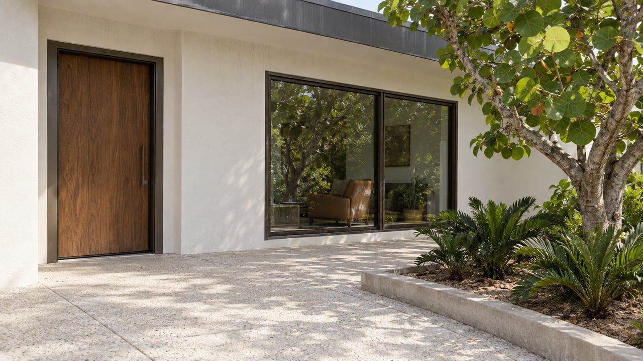 Modern building entrance with a large wood door, black-framed windows, and tropical landscaping.