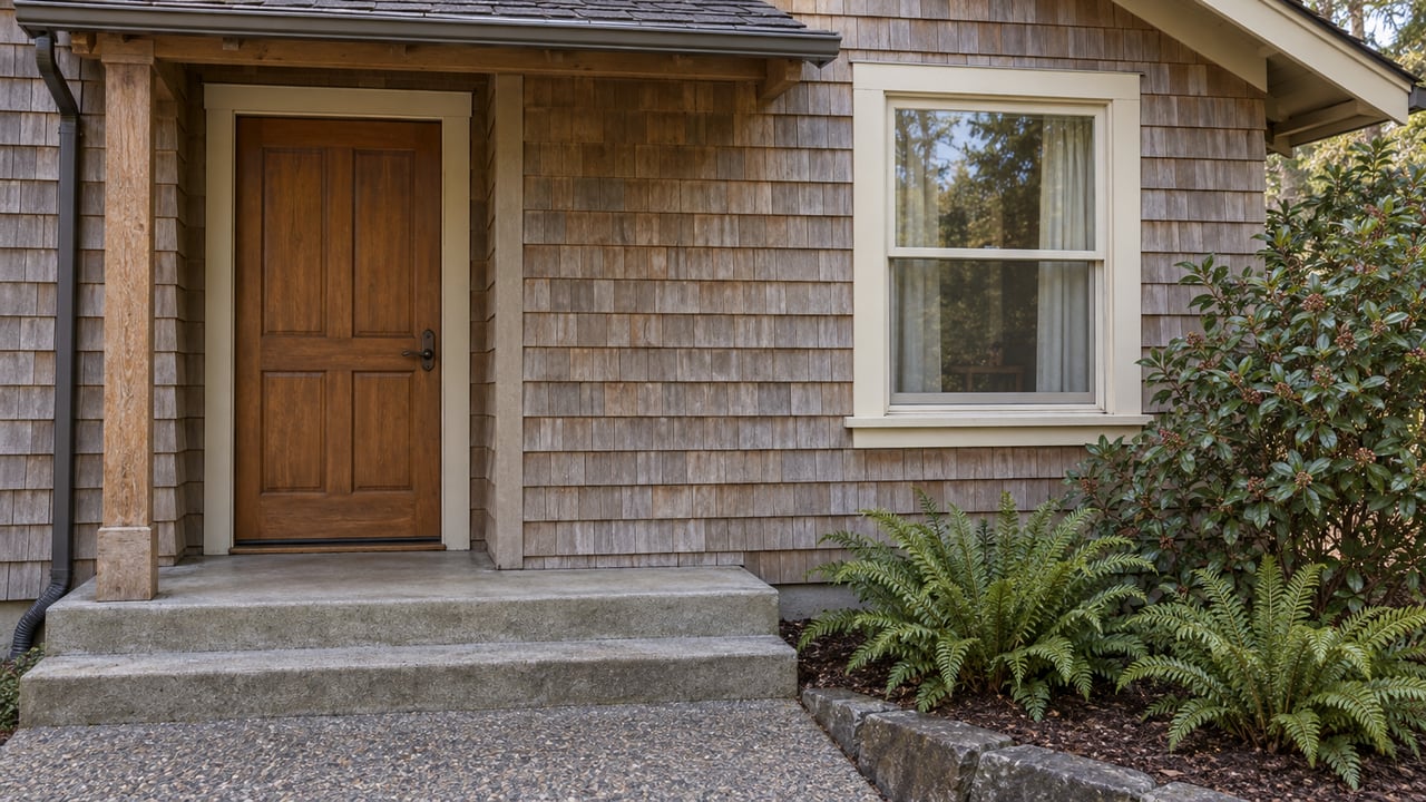 Weathered cedar cottage entry with a closed fir door, cream-trimmed window, concrete steps, and salal and sword fern beside a basalt planting curb.