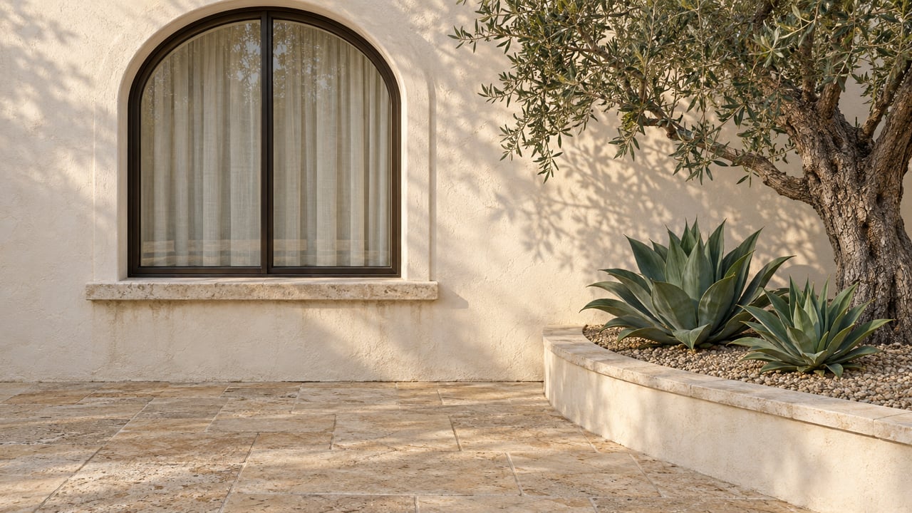 Arched bronze-framed window in weathered cream stucco above limestone paving, beside an olive tree and two agave rosettes in a raised masonry bed.