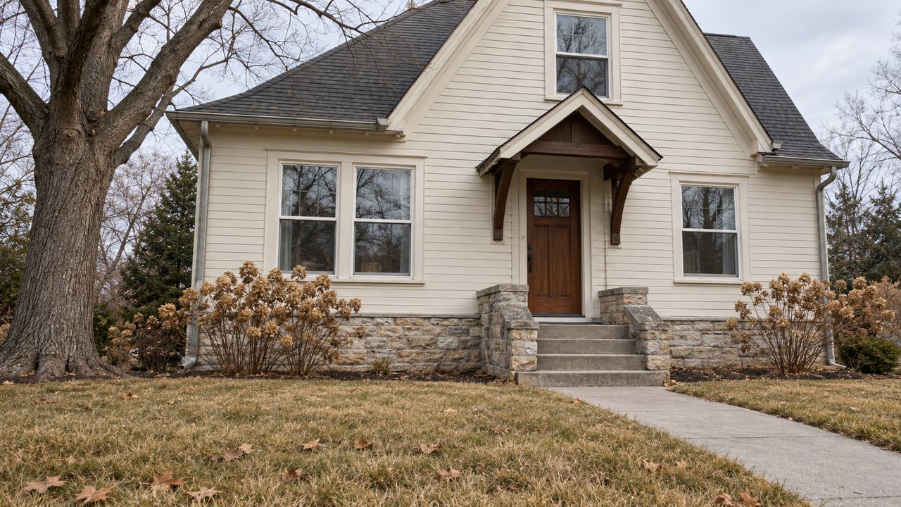 Cream clapboard home with a limestone foundation, bare sugar maple and dormant front lawn in soft late-autumn light.