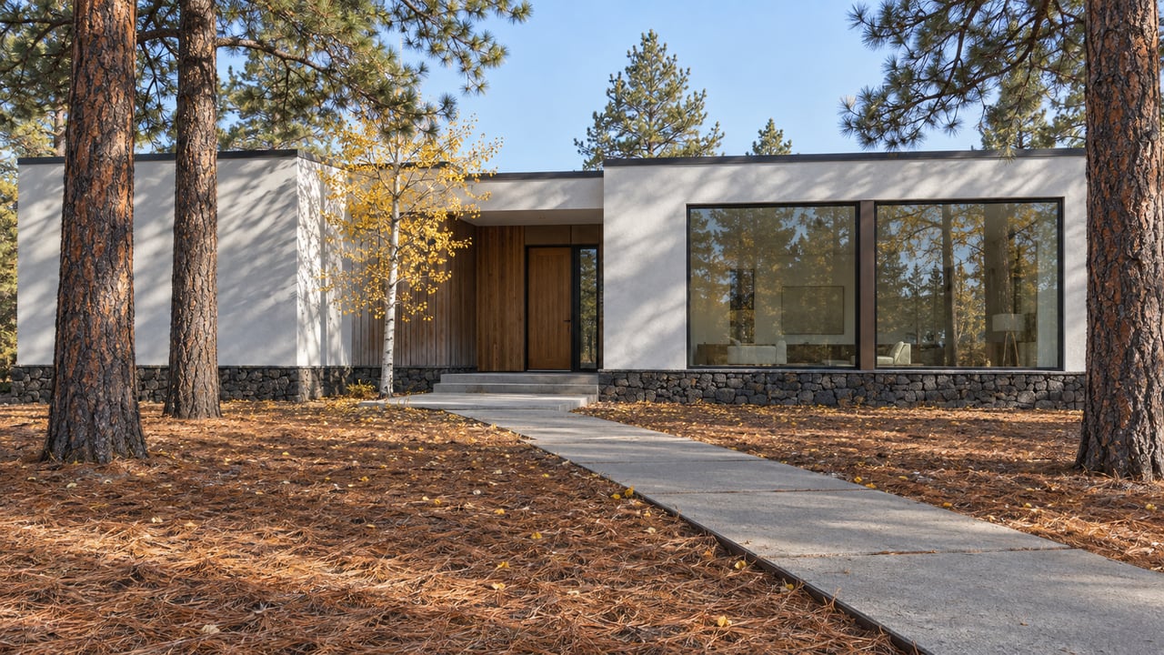 Modern white-stucco and wood home among ponderosa pines, with a concrete approach crossing a broad needle-covered garden and golden aspen leaves.