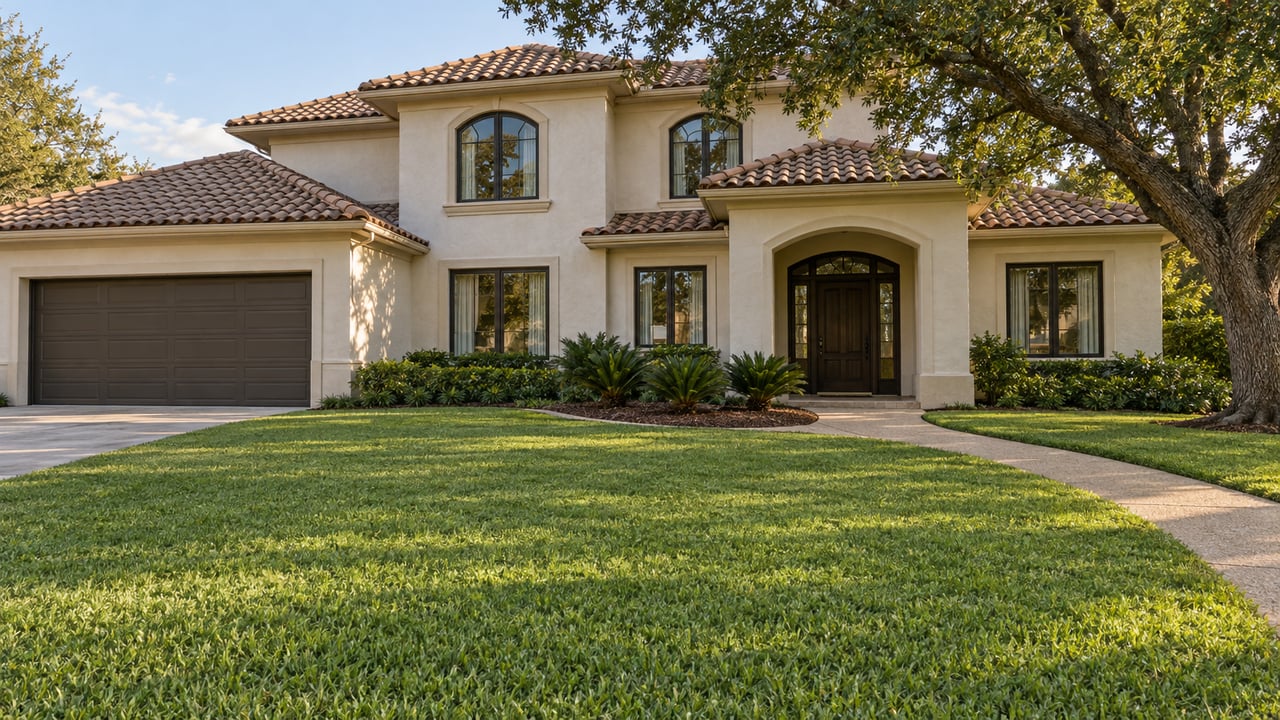 Ivory stucco home with layered clay-tile roofs, arched windows, a deep green front lawn, and a spreading mature oak.