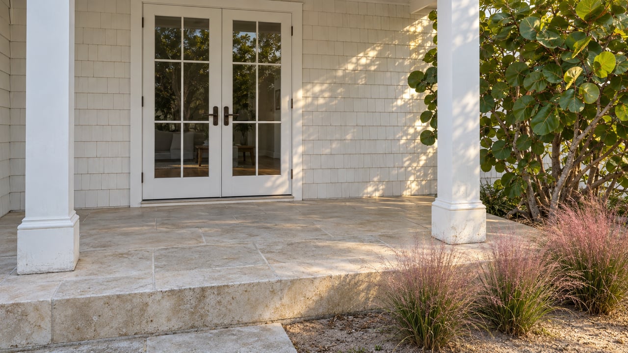 Pale shingle home with closed French doors, white porch columns and a limestone terrace beside sea grape and pink muhly grass.