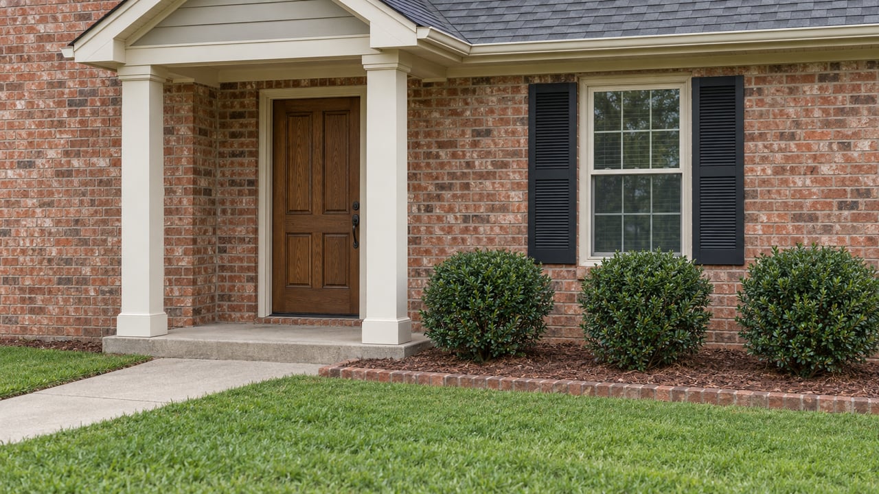 Brick house entry with a stained-oak door, black-shuttered window, clipped shrubs, and lawn.