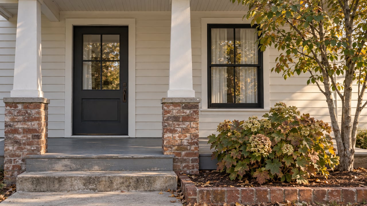 Bungalow porch with a dark glazed door, black-framed window, worn steps, and a narrow brick-edged planting bed.
