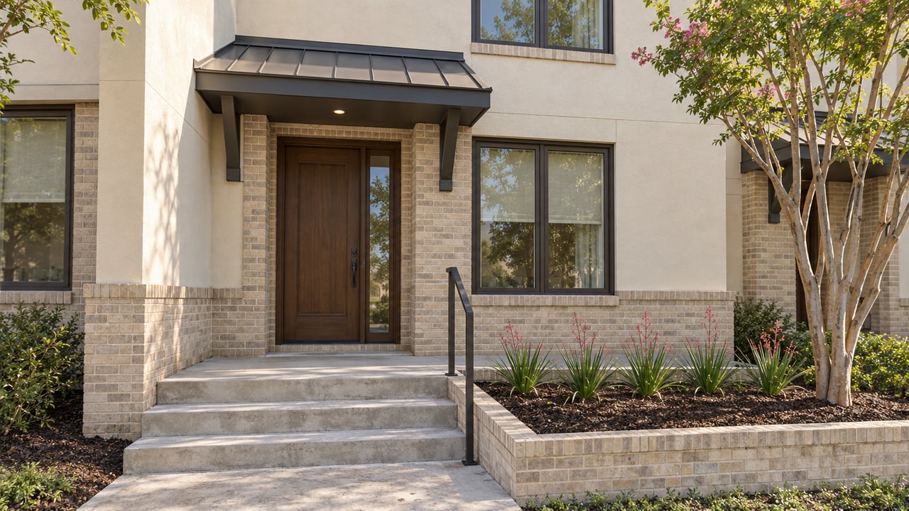 Cream stucco and pale brick townhome entry with bronze-framed windows, a shaded wood-toned door and concrete steps beside a planted bed.