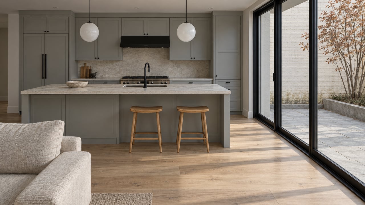 Pale oak floors and a limestone kitchen island beside black-framed glass doors opening visually onto a private stone terrace.