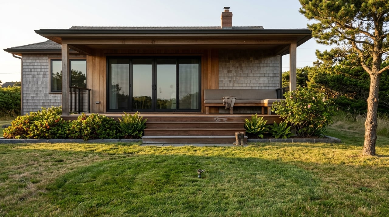 Coastal home viewed across a lawn, with a covered deck, wide steps, and shore pine.