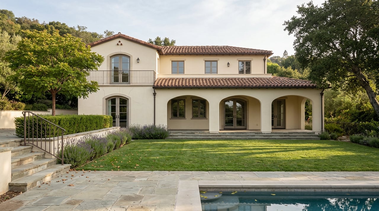 Two-story stucco home with a tiled roof and arched loggia beyond a terraced lawn and rectangular pool.