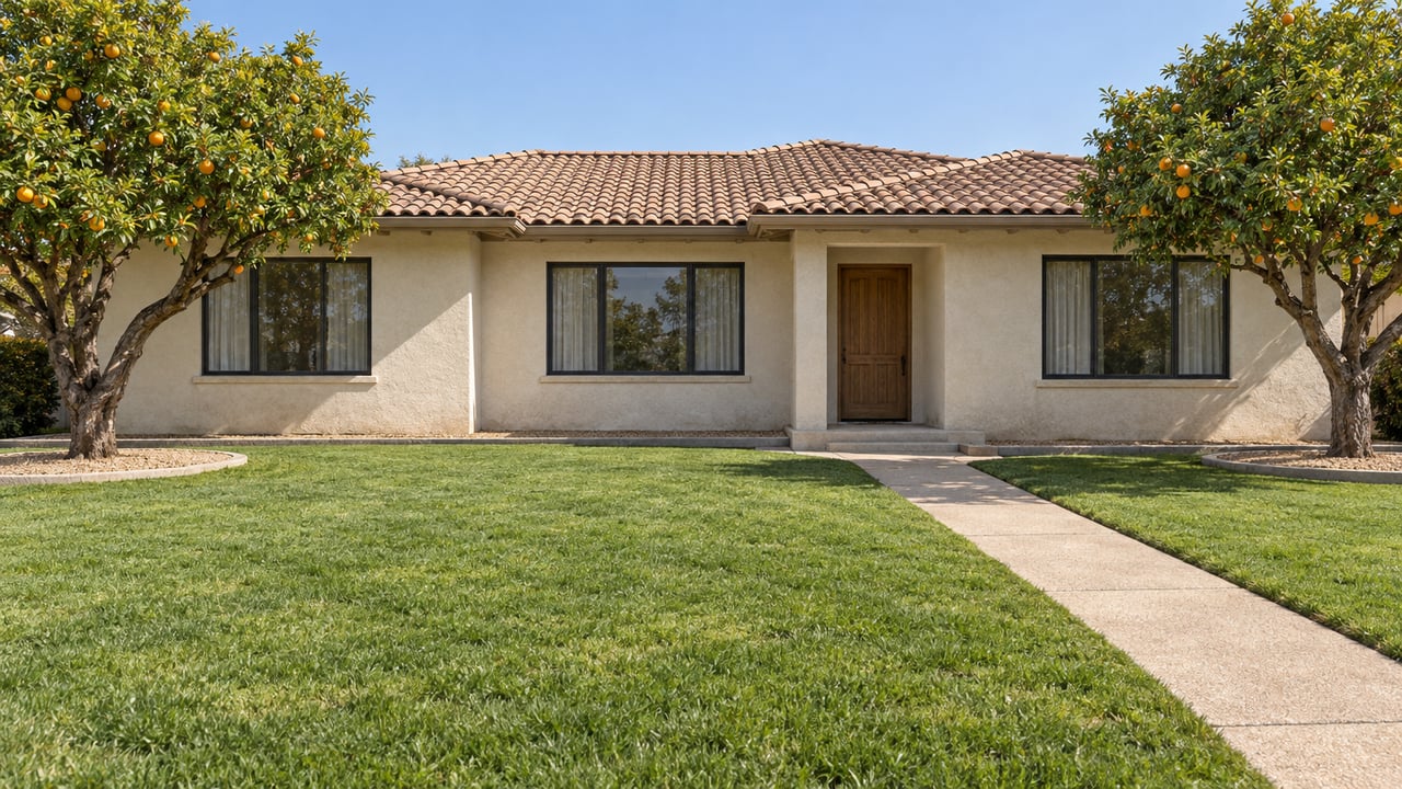 Single-story ivory stucco home with a clay tile roof, deep green lawn, mature orange trees and a concrete entry walk.