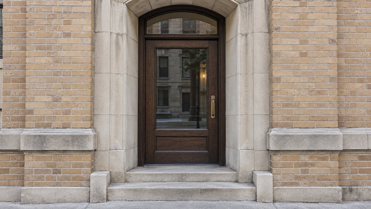 Buff-brick residential entrance with a limestone arch, glazed dark oak door, and worn stone steps.