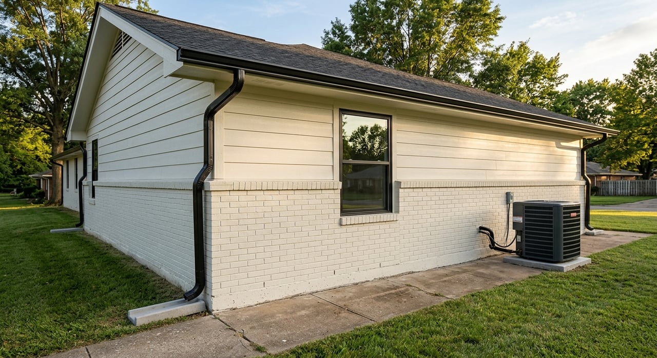White-sided house service yard with an HVAC unit, downspout, concrete walk, and foundation shrubs.
