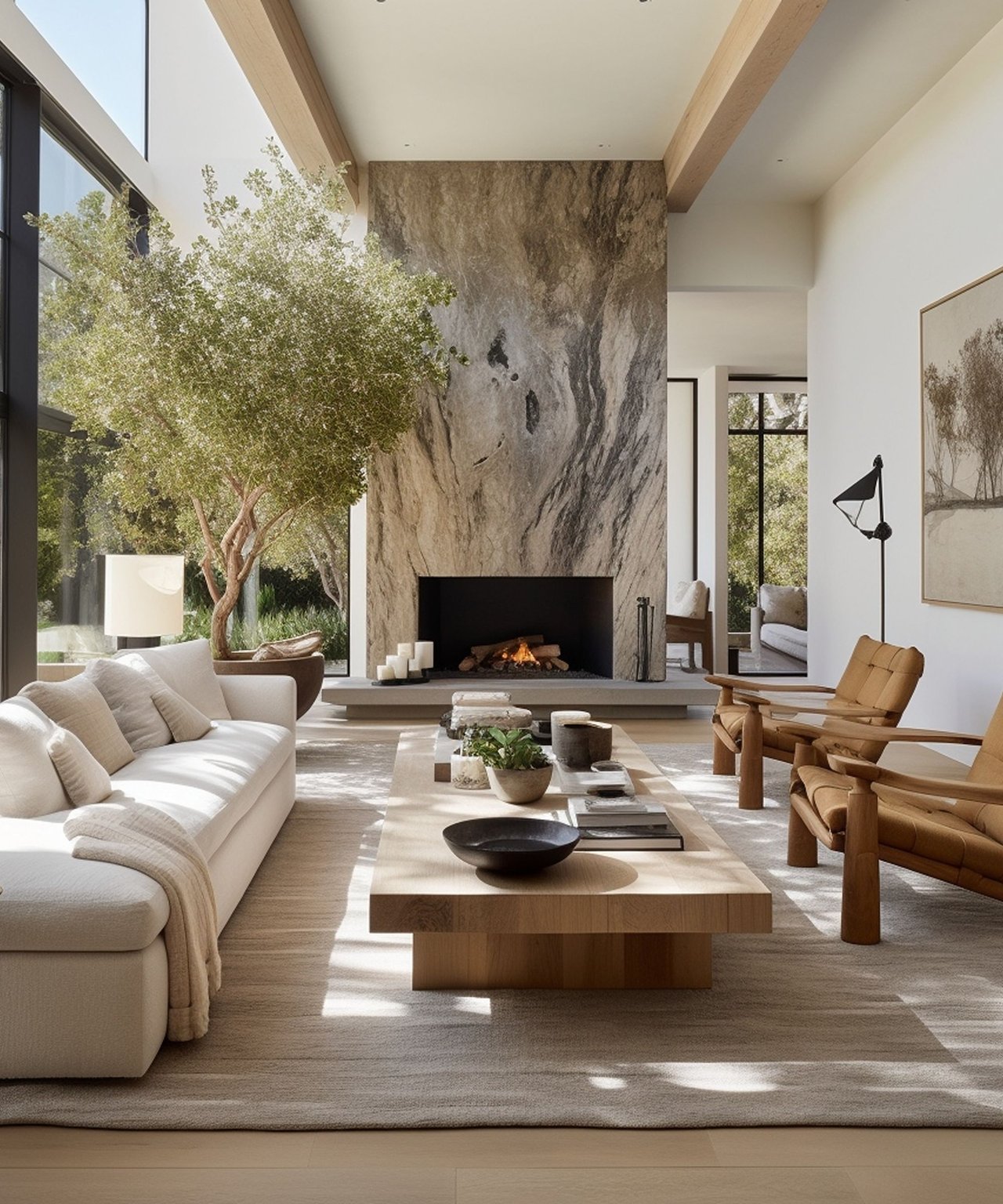 Modern living room with a tall stone fireplace, large windows, pale sofas, and leather armchairs.