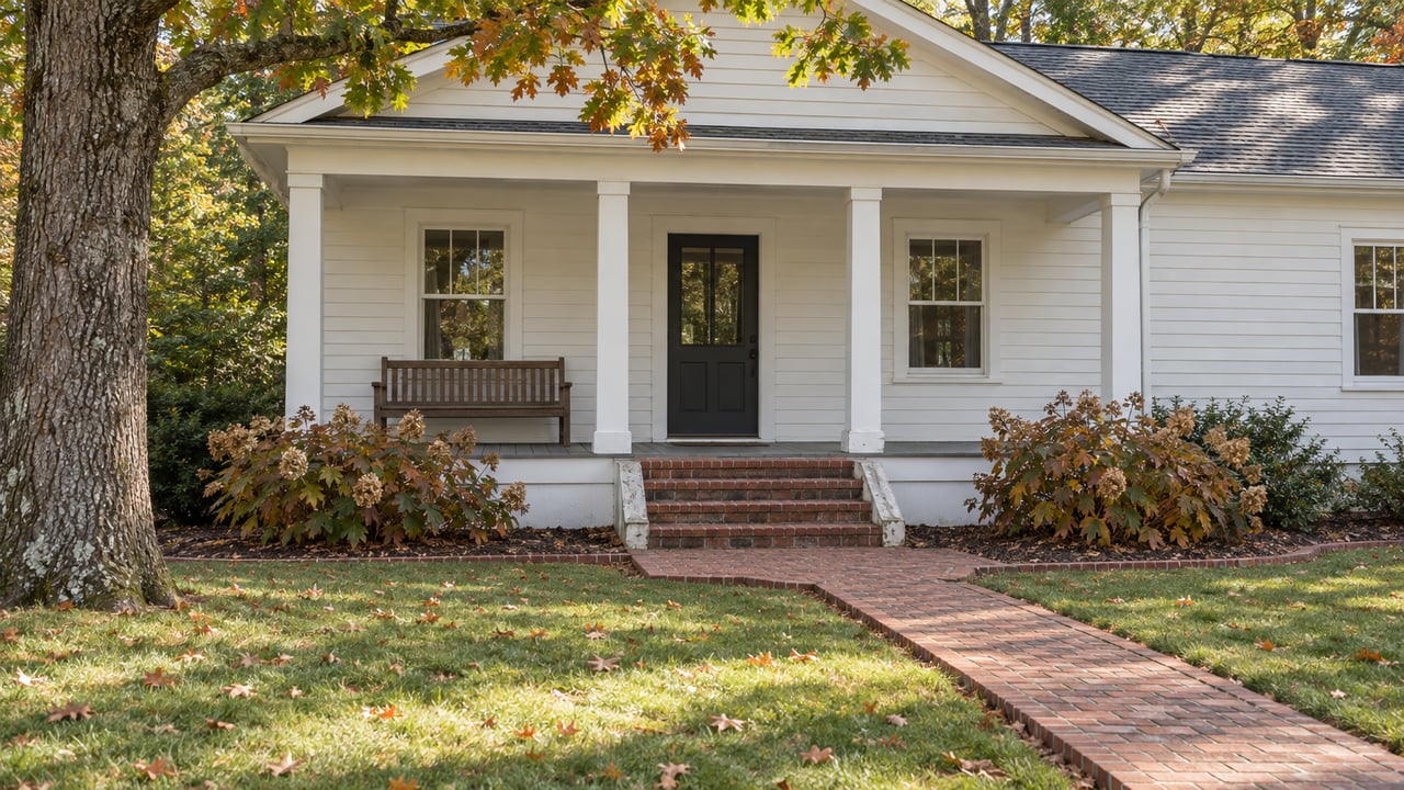 White-sided home with a covered porch, brick approach and deep lawn beneath an oak turning russet in fall.