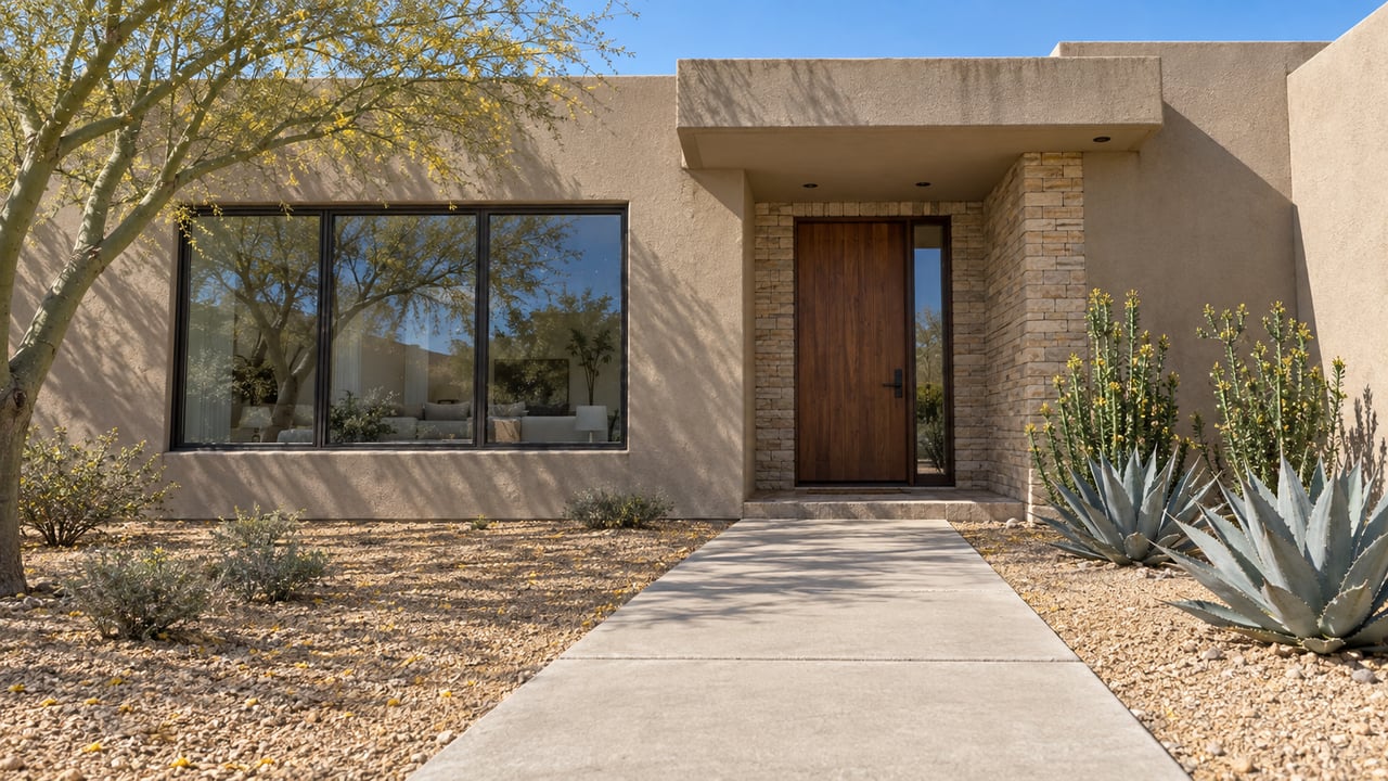 Low contemporary stucco home with a masonry-lined entry, bronze-framed windows and a deep concrete approach through sculptural desert planting.