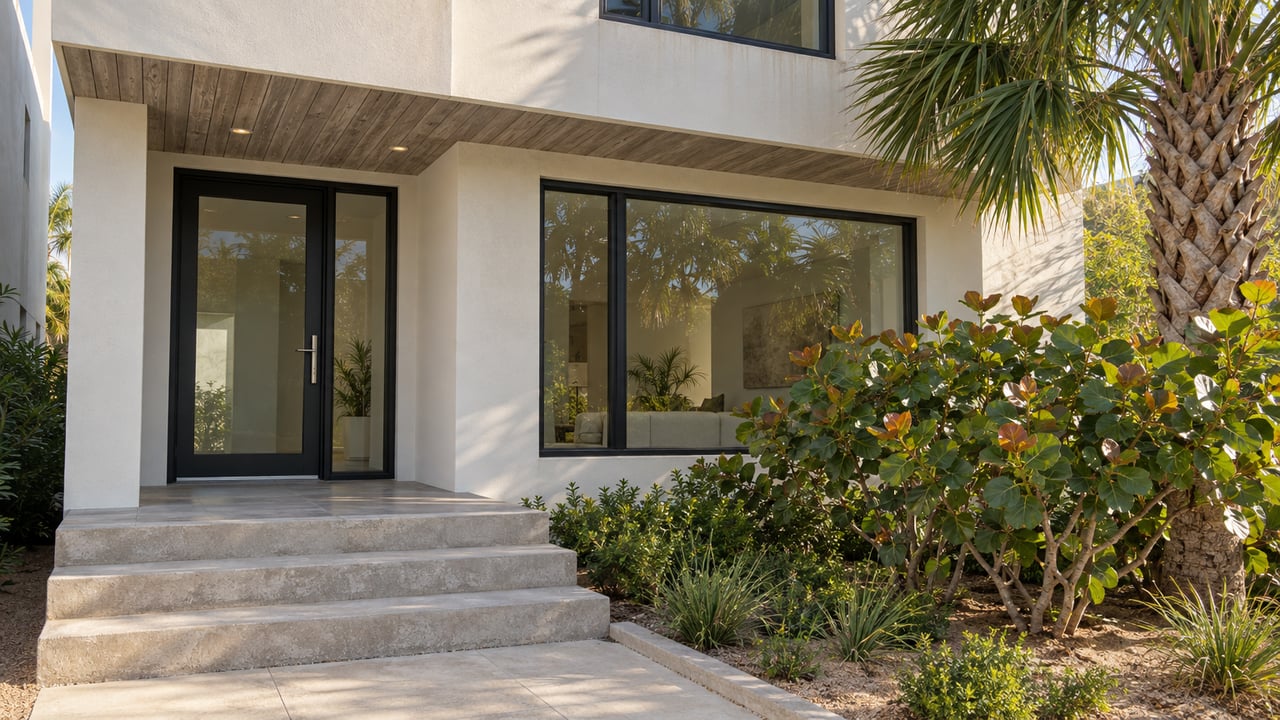 Modern white home entrance with broad concrete steps, black-framed glass doors, and tropical landscaping.