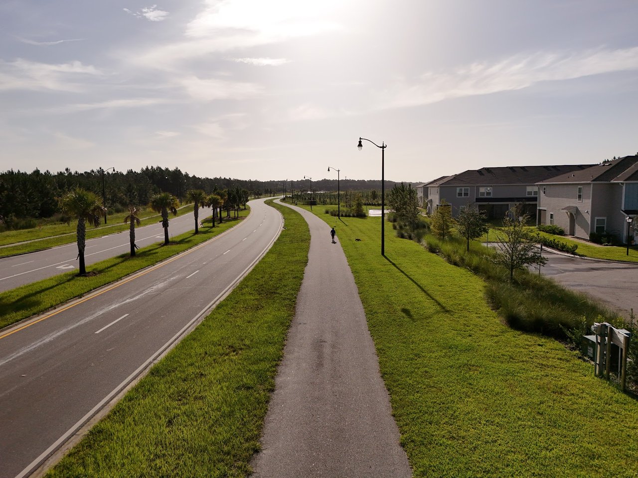 A curving neighborhood road and sidewalk pass homes, palm trees, and streetlights.