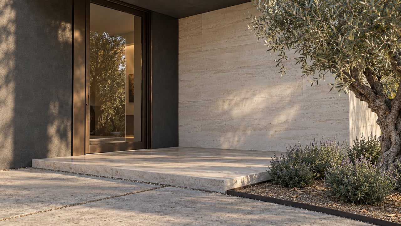 Bronze-framed glass entry door beside pale limestone walls, with olive tree and concrete approach slabs.