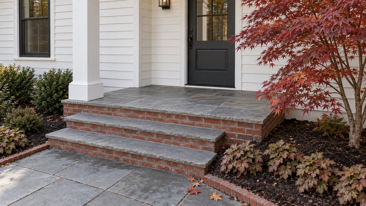 White clapboard entry with a dark glazed door, bluestone steps, brick edging, and a red-leaved Japanese maple.