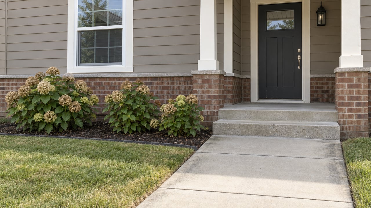 A covered front entry with taupe siding, a charcoal door, brick foundation, concrete steps and hydrangeas beside a clipped lawn.