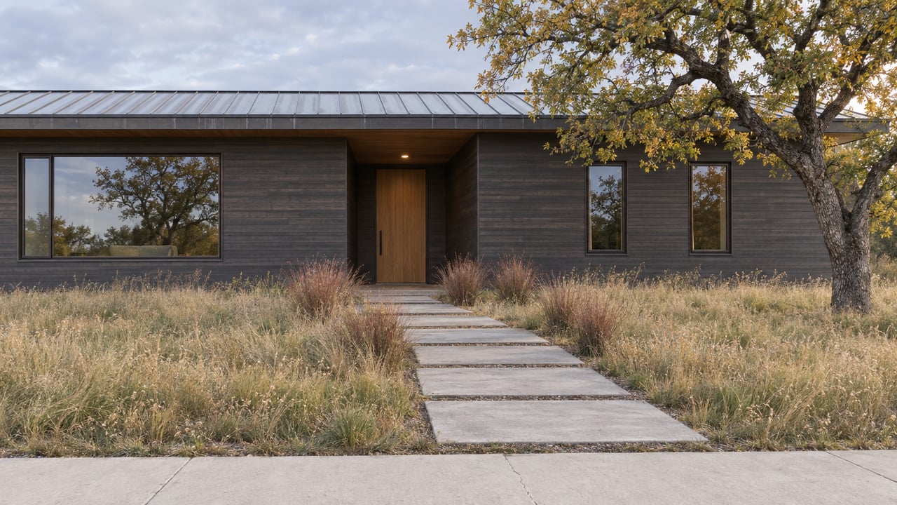 Contemporary one-story house with charcoal wood siding, a recessed oak entry, concrete path, and dry meadow garden.