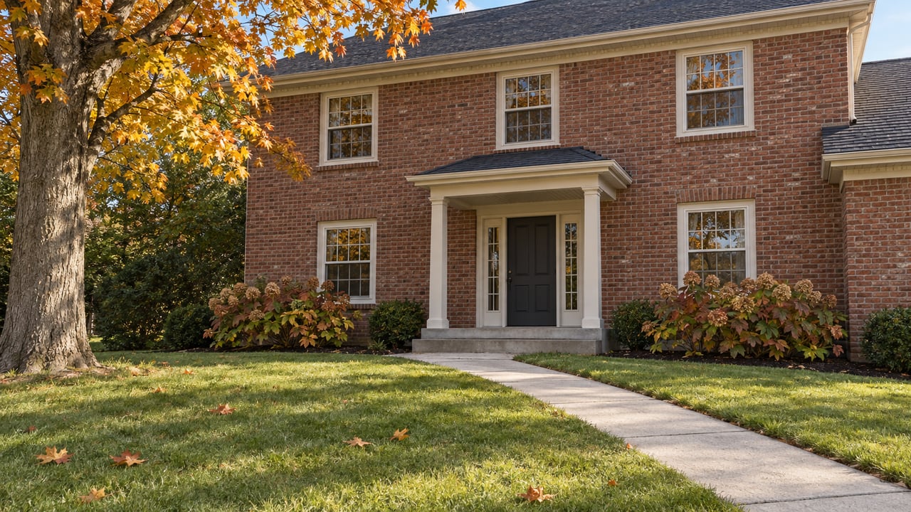 Brick two-story home with ivory window frames, a covered front entry and a deep autumn lawn beneath an amber sugar maple.