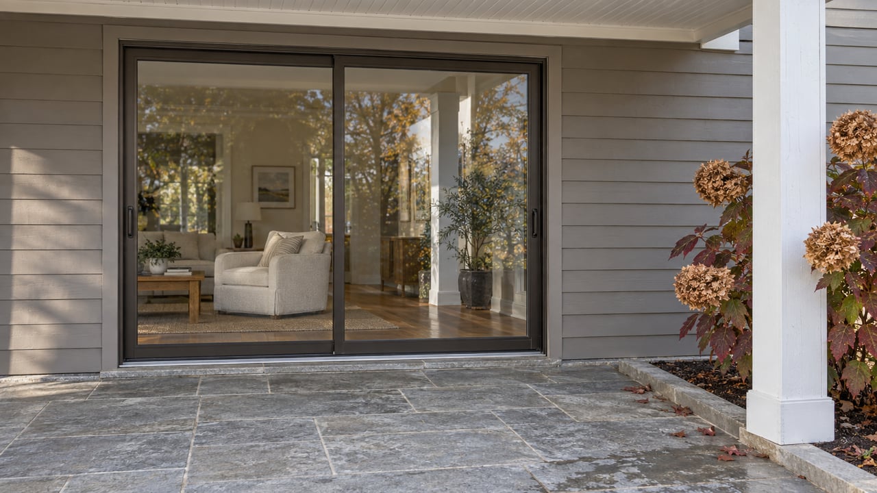 Covered porch with gray wood siding, closed bronze-framed glass doors, limestone paving and burgundy oakleaf hydrangea.
