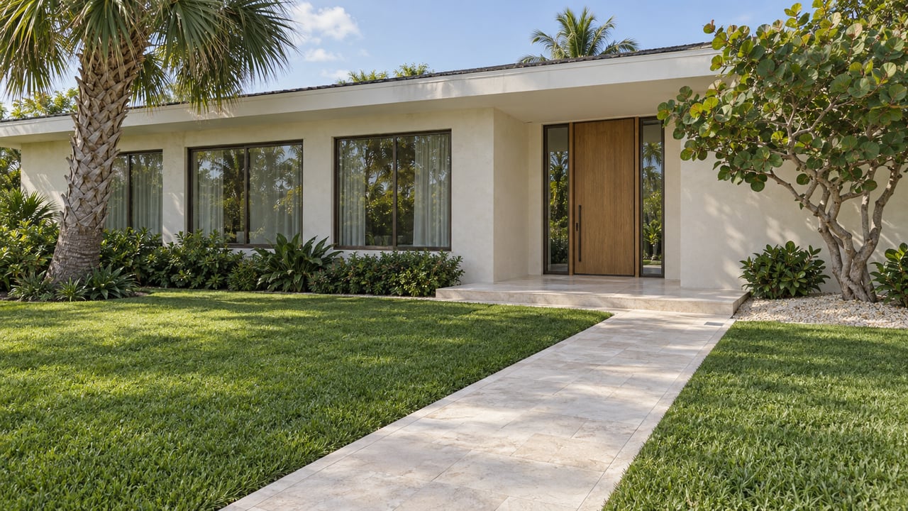 A low-slope ivory stucco home behind a deep green lawn, with limestone entry paving, bronze-framed windows and mature specimen palms.