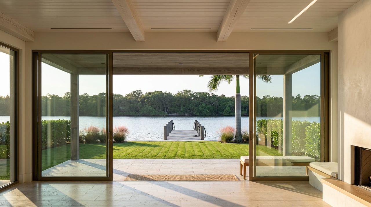 Great room with pocketed glass doors opening to a loggia, lawn, seawall, and dock beside the water.