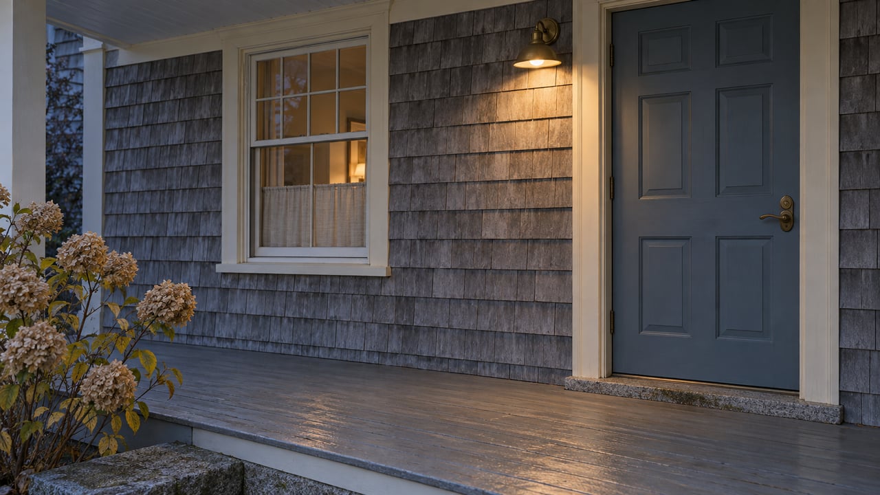 A slate-blue front door and cream-trimmed window beneath a covered porch, with weathered cedar shingles and dried hydrangea flowers in cool autumn twilight.