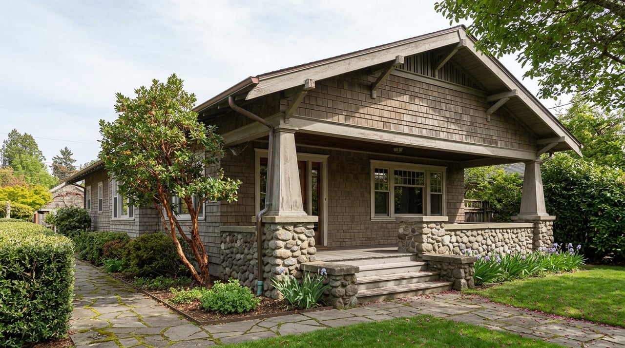 Craftsman bungalow with a deep covered porch, river-rock piers, flagstone path, and red-barked multi-trunk tree.