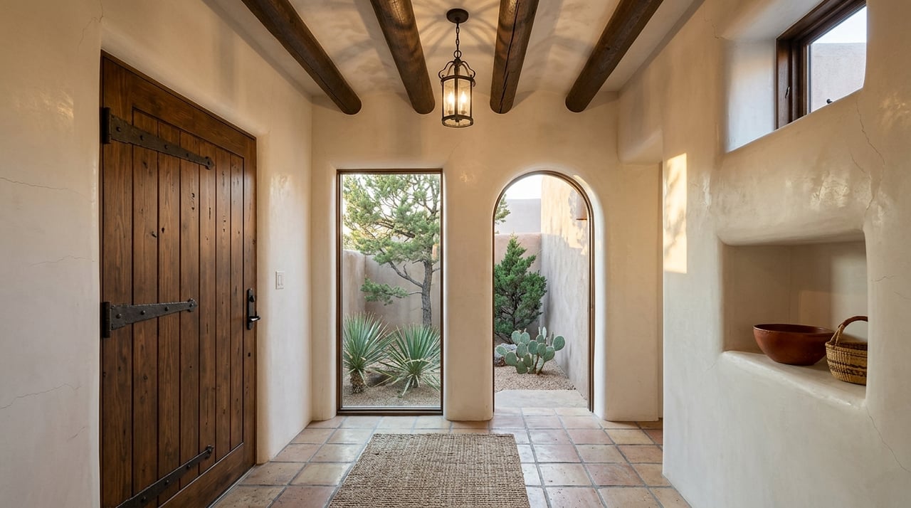Plaster entry hall with dark wood vigas, saltillo tile, iron-studded door, and arched courtyard opening.