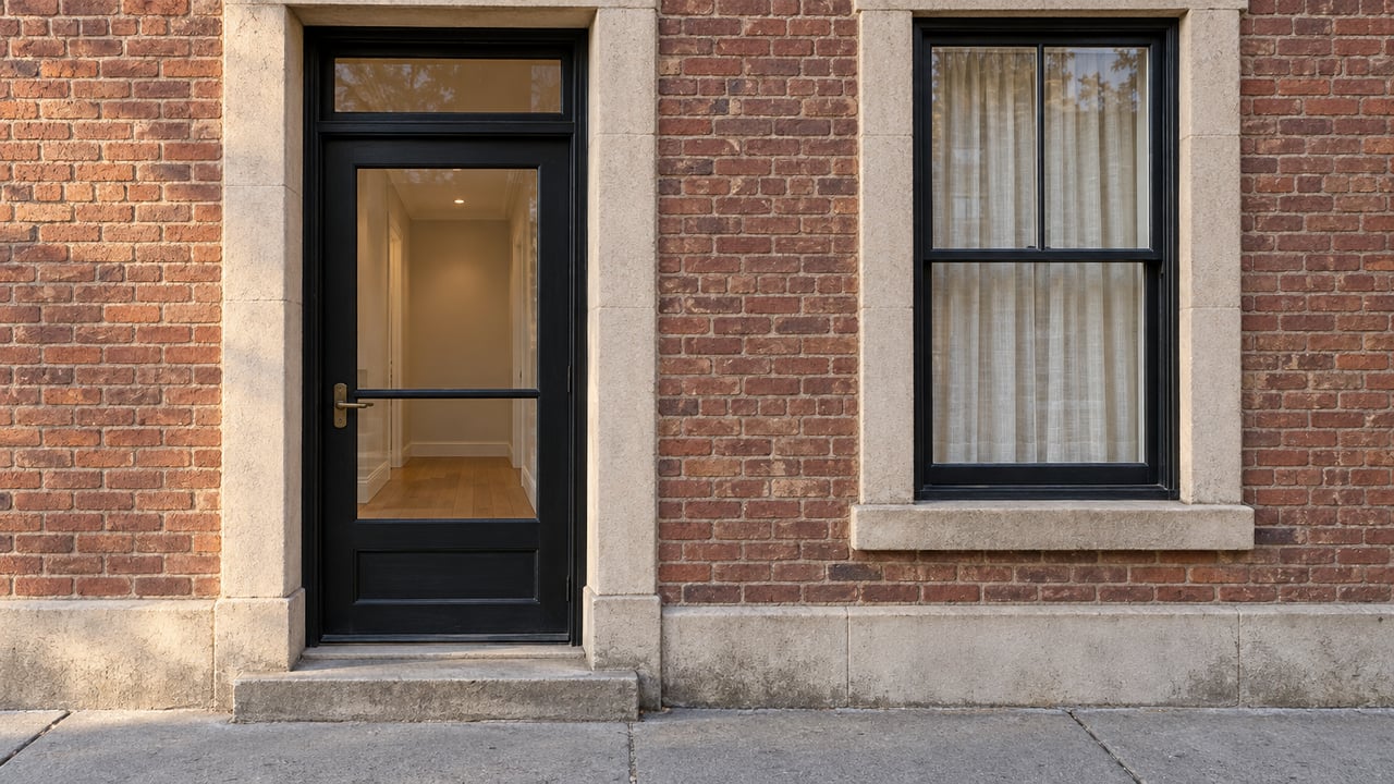 Black glazed residential door and tall sash window set into weathered red-brown brick and limestone, above a worn stone step and concrete sidewalk.