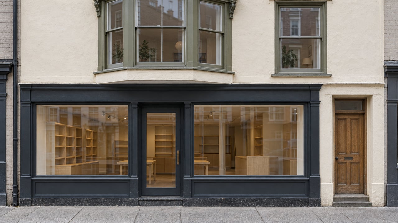 Cream-plastered mixed-use facade with olive bay windows above a charcoal storefront and recessed oak door.