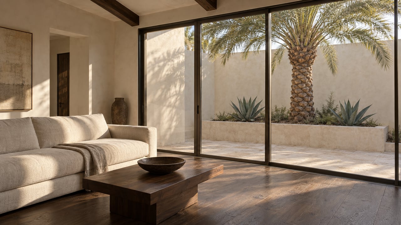 Cream linen sofa beside glazed wall, overlooking a courtyard with a date palm and two agaves.
