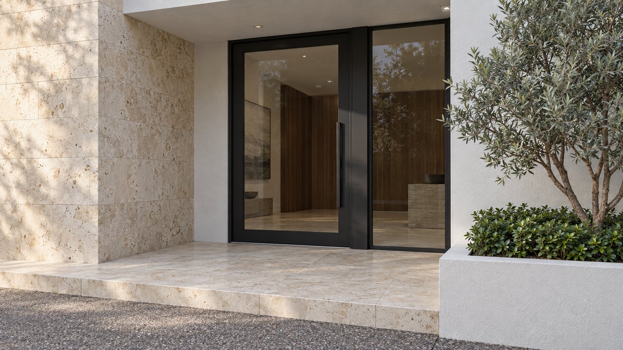 Recessed home entry with a black-framed glass door, limestone pier, and silvery-leaved tree.