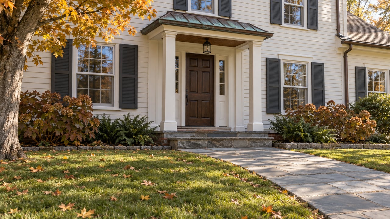 Ivory clapboard home with paired dark shutters, an oak entrance door, bluestone approach and autumn maple foliage.