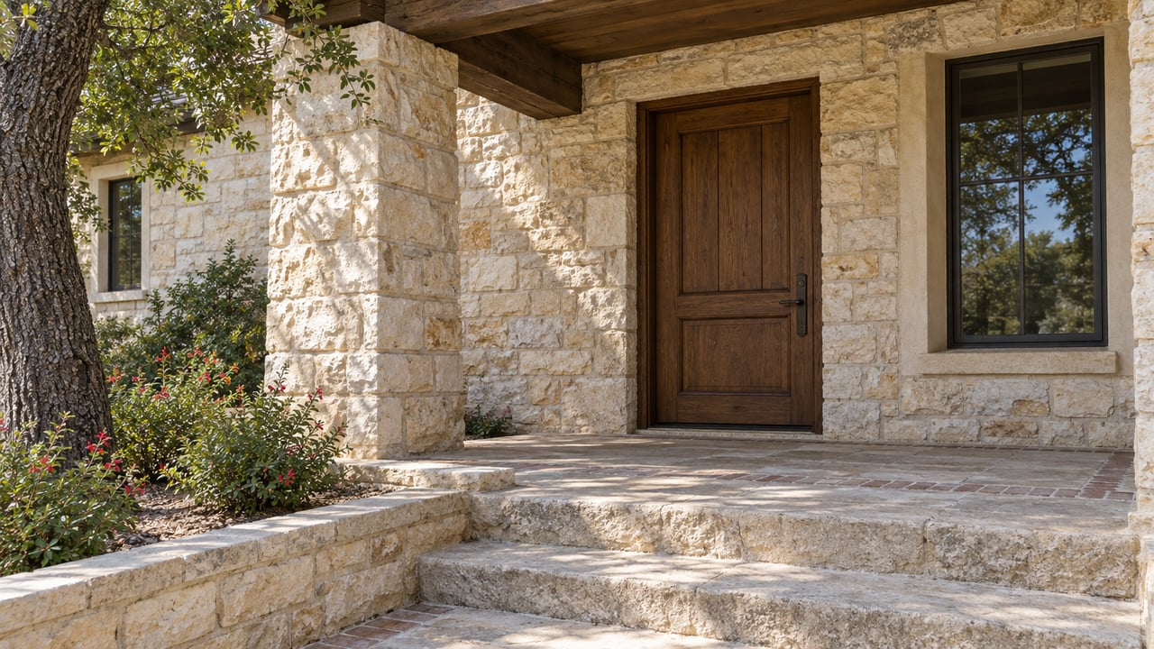 Recessed oak entry beneath a timber porch roof, with cream limestone steps and red-flowering autumn sage beside a mature live oak.